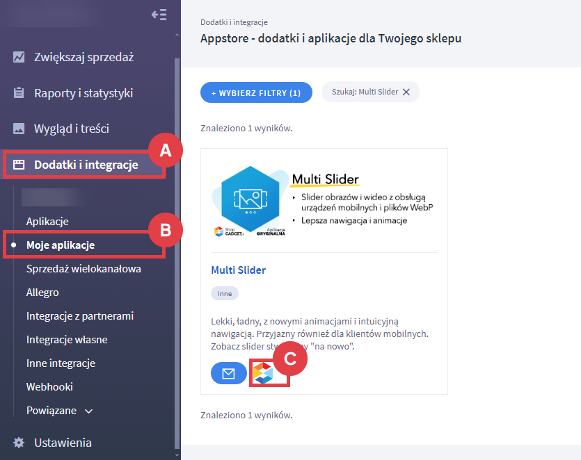 Panel administracyjny sklepu > Dodatki i integracje > Moje aplikacje > Multi Slider