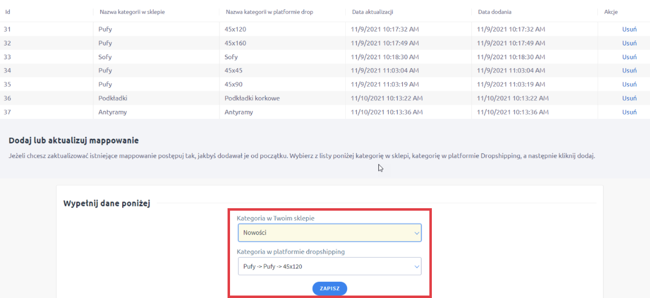 Panel administracyjny sklepu > Dodatki i integracje > Moje aplikacje > Postergaleria - dropshipping > Zarządzaj kategoriami