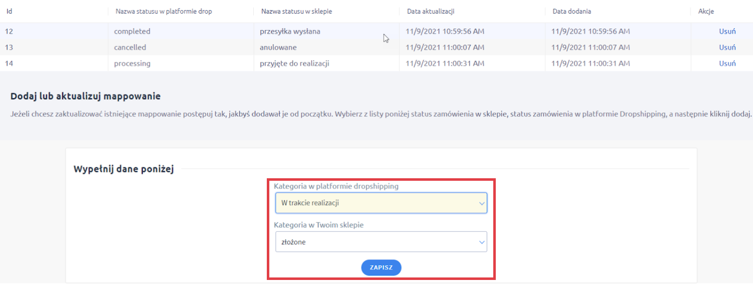 Panel administracyjny sklepu > Dodatki i integracje > Moje aplikacje > Postergaleria - dropshipping > Mapowanie statusów zamówień