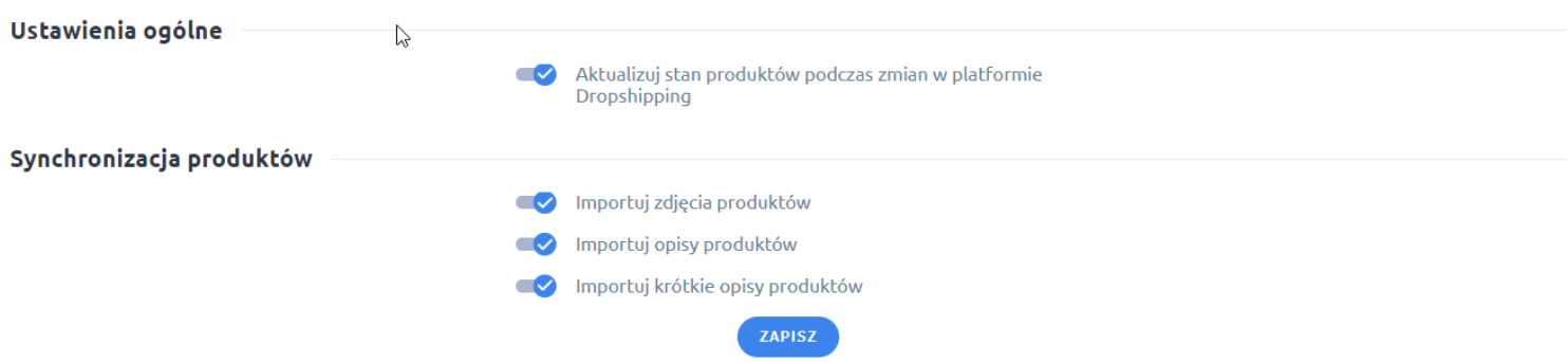 Panel administracyjny sklepu > Dodatki i integracje > Moje aplikacje > Postergaleria - dropshipping > Ustawienia ogólne > Opcje