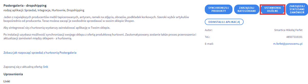 Panel administracyjny sklepu > Dodatki i integracje > Moje aplikacje > Postergaleria - dropshipping > Ustawienia ogólne