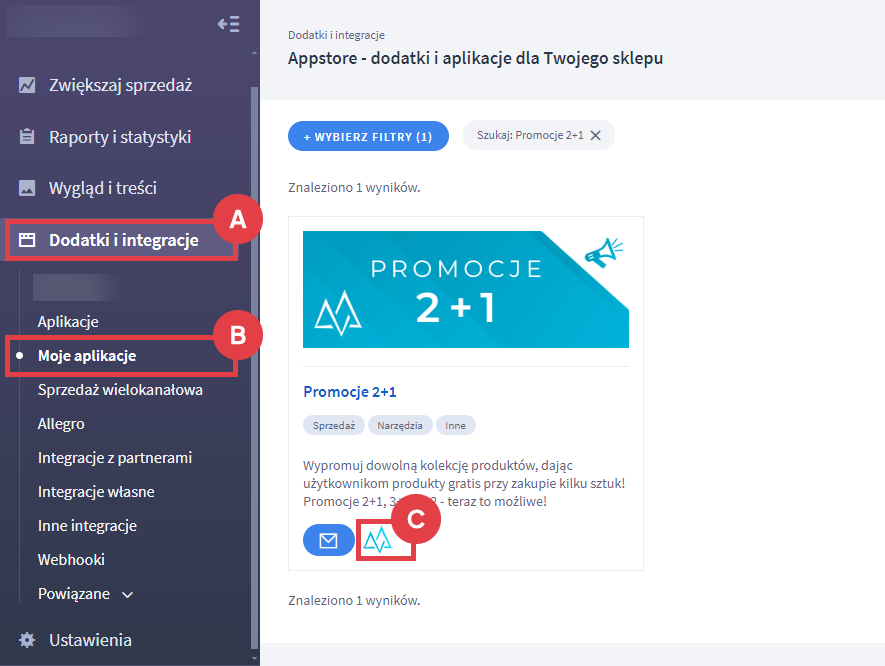 Uruchom narzędzie Promocje 2+1 w sklepie Shoper Panel administracyjny sklepu > Dodatki i integracje > Moje aplikacje > Promocje 2+1