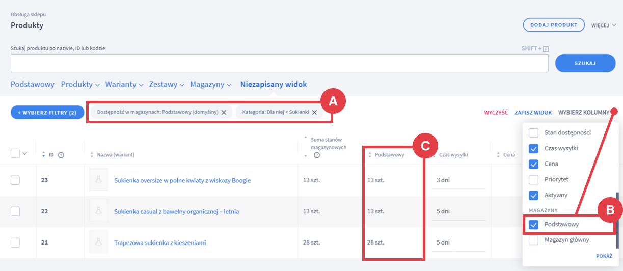 Przykładowa lista produktów dostępna w wyznaczonym magazynie Panel administracyjny sklepu > Obsługa sklepu > Produkty > Filtry > Dostępność w magazynach > Lista