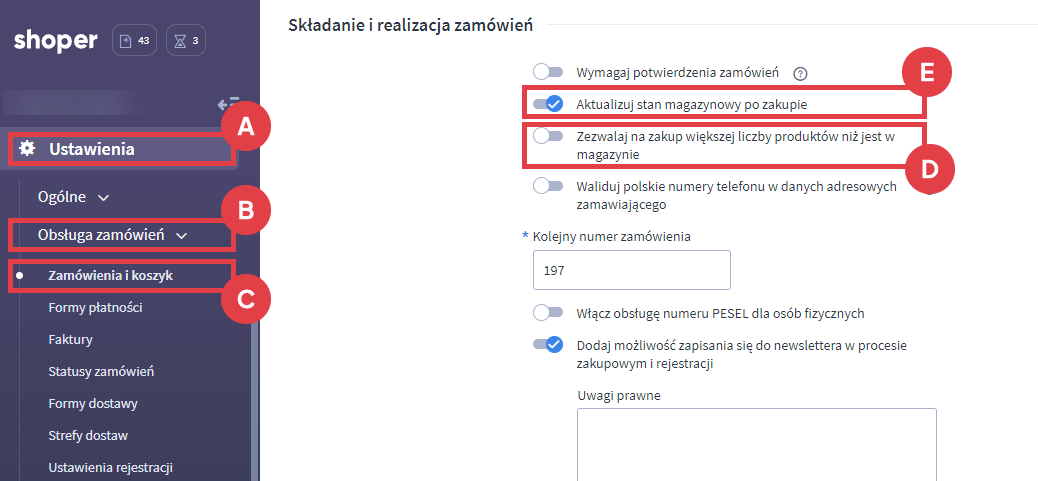Aktywuj i dezaktywuj odpowiednie opcje w sekcji: Składanie i realizacja zamówień Panel administracyjny sklepu >Ustawienia > Obsługa zamówień > Składanie i realizacja zamówień > Wielomagazynowość