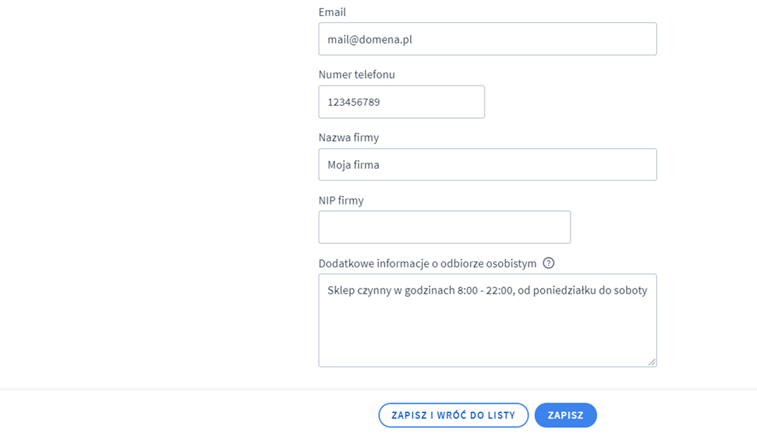 Podaj pozostałe dane adresowe dla edytowanego magazynu Panel administracyjny sklepu > Ustawienia > Produkty > Magazyny > Obsługa wielu magazynów > Lista magazynów > Edycja > Dane adresowe
