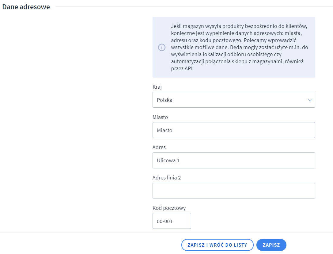 Uzupełnij formularz edycji wybranego magazynu Panel administracyjny sklepu > Ustawienia > Produkty > Magazyny > Obsługa wielu magazynów > Lista magazynów > Edycja