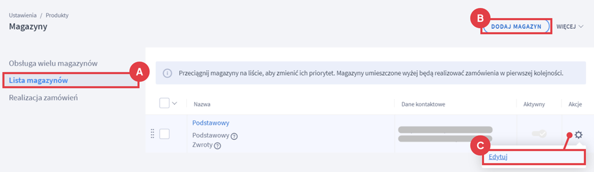 Zapoznaj się z opcjami dostępnymi na liście magazynów w sklepie Shoper Panel administracyjny sklepu > Ustawienia > Produkty > Magazyny > Obsługa wielu magazynów > Lista magazynów