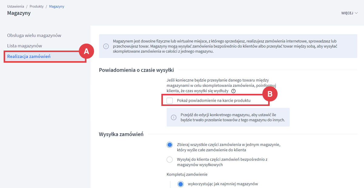 Pokaż powiadomienie na karcie produktu w sklepie internetowym Shoper Panel administracyjny sklepu > Ustawienia > Produkty > Magazyny > Obsługa wielu magazynów > Realizacja zamówień