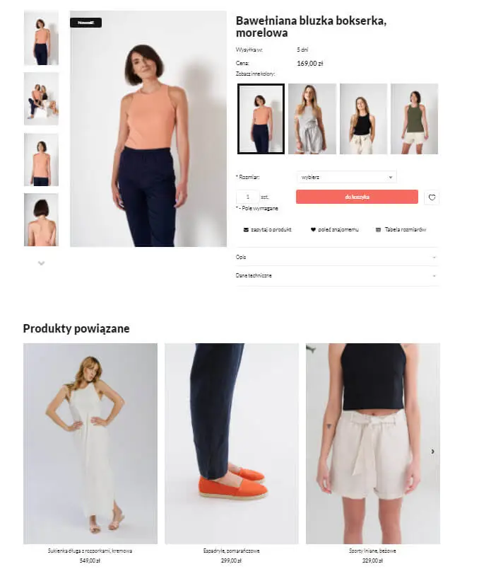 Przykład wyświetlania listy powiązanych produktów na karcie produktu Strona sklepu internetowego na platformie Shoper > Karta produktu > Powiązane produkty