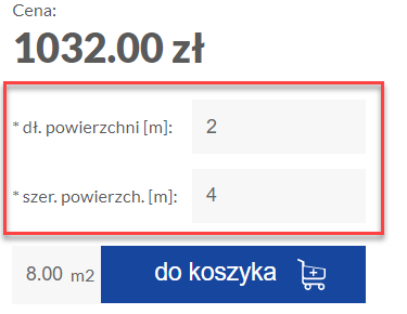 Określ długość i szerokość powierzchni jaką potrzebujesz Widok przeliczania produktu na podstawie wymiarów podanych przez klienta