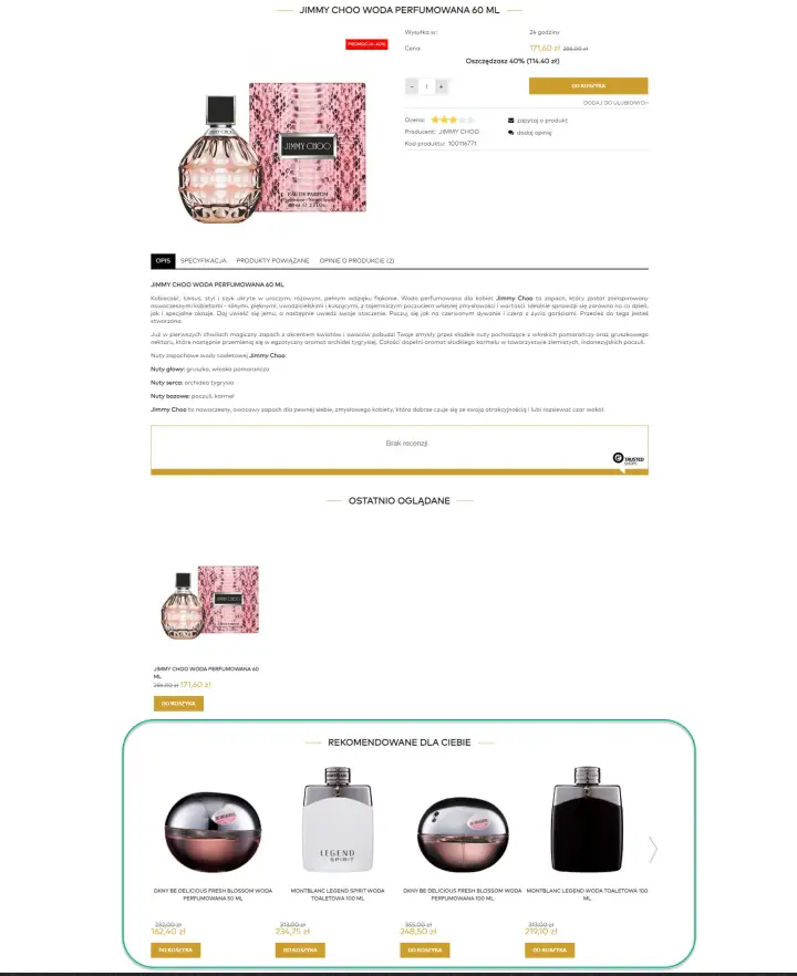 Przykład umieszczonego modułu rekomendacji produktowych na karcie produktu Strona sklepu internetowego na platformie Shoper > Karta produktu > Moduł rekomendacje