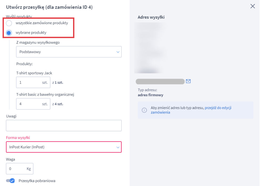 Utwórz przesyłkę dla złożonego zamówienia w sklepie internetowym Panel administracyjny sklepu > Obsługa sklepu > Zamówienia > Edycja > Tworzenie przesyłki