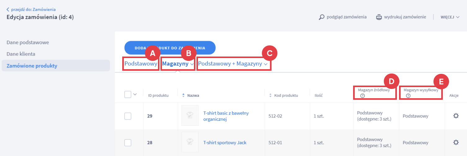 Panel administracyjny sklepu > Obsługa sklepu > Zamówienia > Edycja > Zamówione produkty > Magazyny