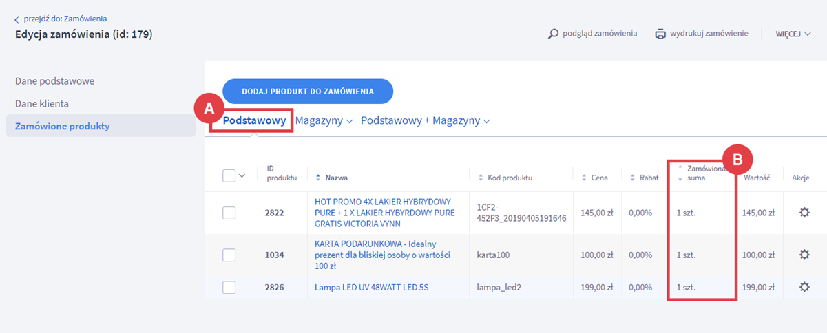 Panel administracyjny sklepu > Obsługa sklepu > Zamówienia > Edycja > Zamówione produkty > Zamówiona suma