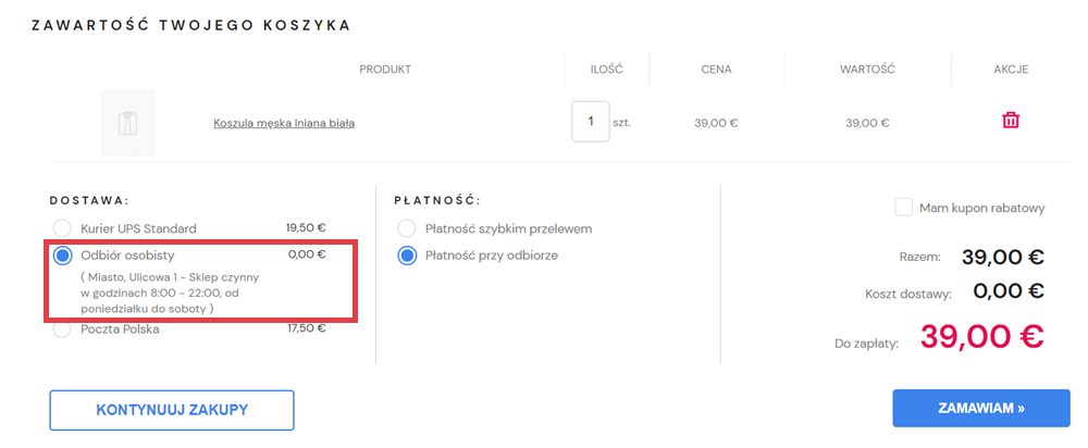 W sekcji: Dostawa zaznacz odbiór osobisty w podanym magazynie Strona sklepu Shoper > Zawartość koszyka > Dostawa