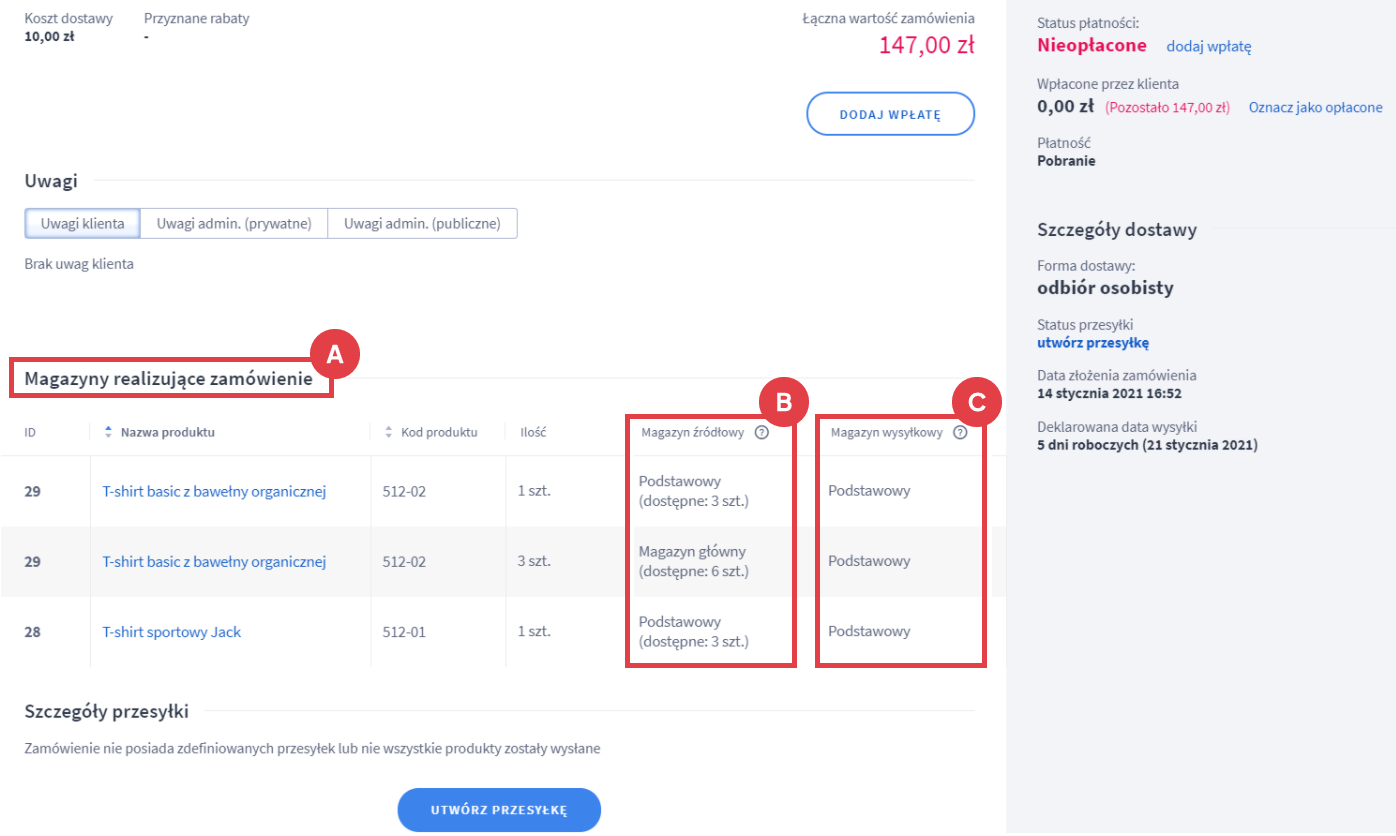 Sprawdź z którego magazynu produkty zostały pobrane i wysyłane do klienta Panel administracyjny sklepu > Obsługa sklepu > Zamówienia > Edycja > Magazyny realizujące zamówienie