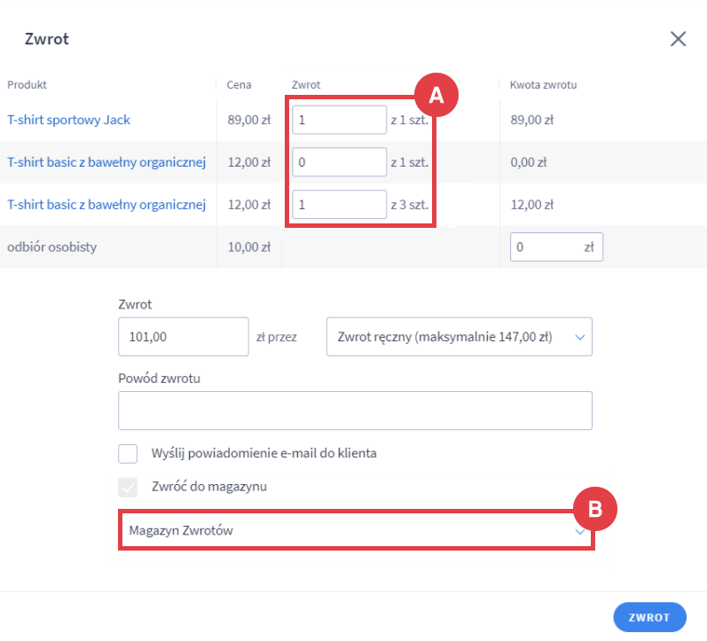 Dokonaj zwrotu do zamówienia w Panelu administracyjnym sklepu Shoper Panel administracyjny sklepu > Obsługa sklepu > Zamówienia > Edycja > Zarządzanie transakcjami > Zwrot