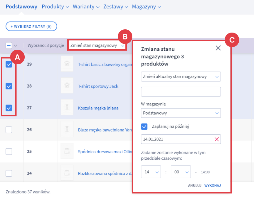 Zmień stan magazynowy dla kilku wybranych produktów w Panelu administracyjnym sklepu Shoper Panel administracyjny sklepu > Obsługa sklepu > Produkty > Pozycje > Zmiana stanu magazynowego