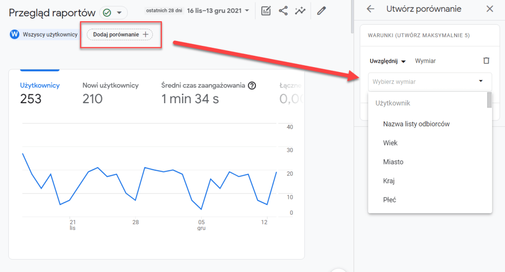 Dodawanie porównania w przeglądzie raportów Google Analytics 4