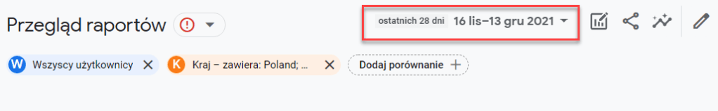 Wybierz zakres dat dla wyświetlonych raportów w Google Analytics 4