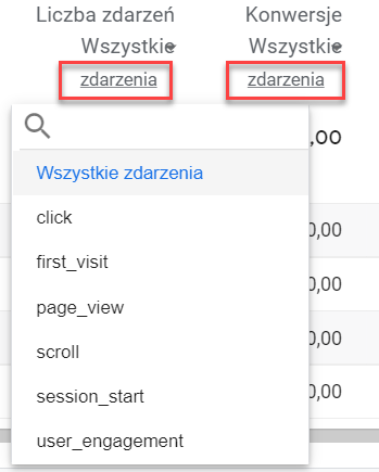 Wybór zdarzeń dla konwersji i liczby zdarzeń