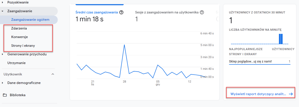 Raporty zaangażowania: Zdarzenia, Konwersje, Strony i ekrany