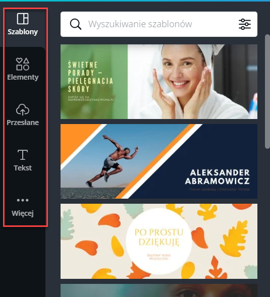 Menu narzędzi w CANVA