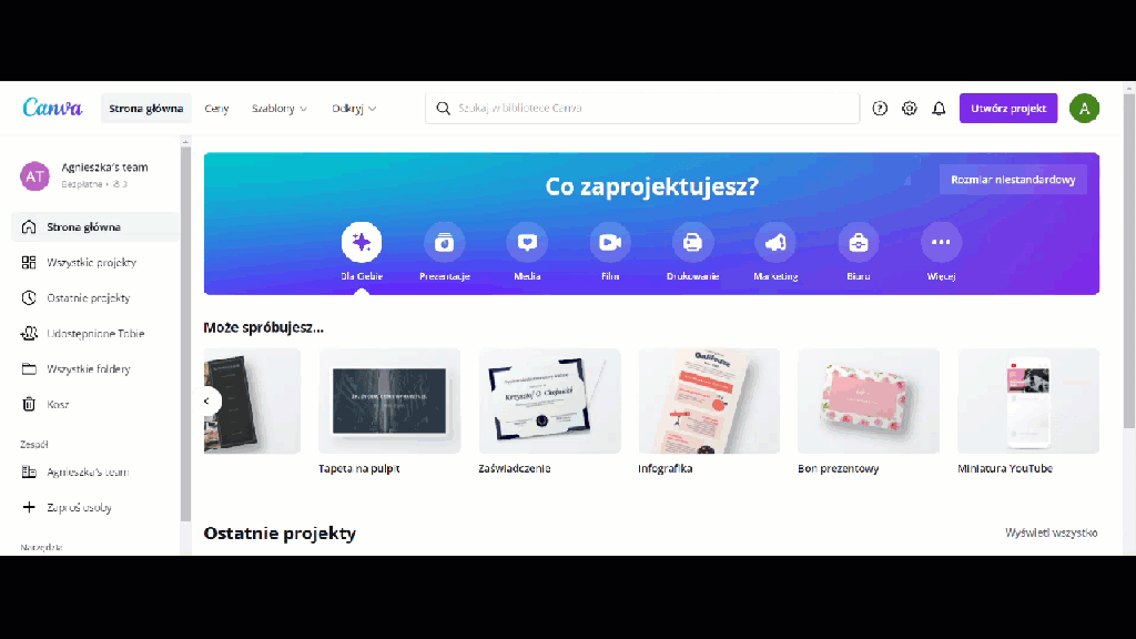 Tworzenie projektu i definiowanie jego rozmiaru w CANVA