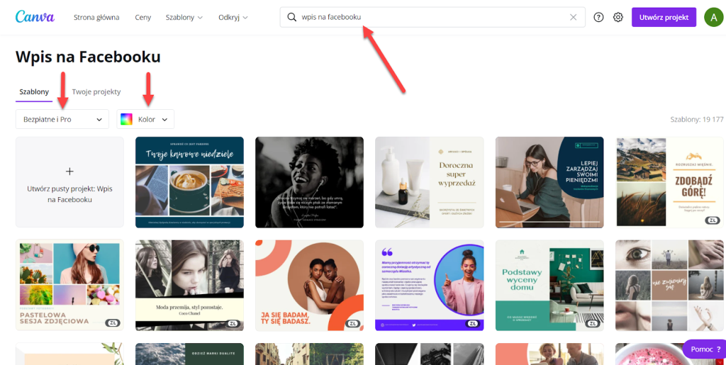 Przykład listy dostępnych wzorów w CANVA