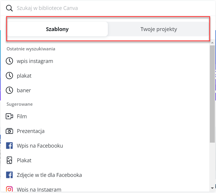 Widok sugerowanych wyników po kliknięciu wyszukiwarki w CANVA