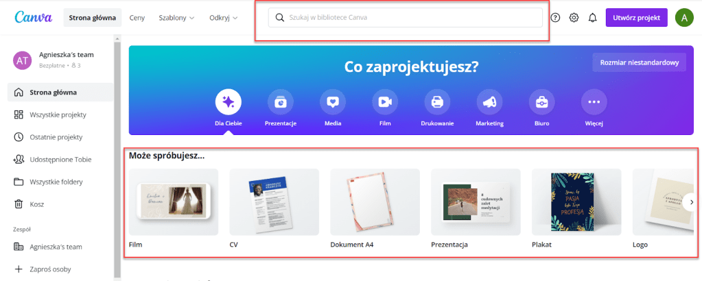 Pulpit po uruchomieniu CANVA