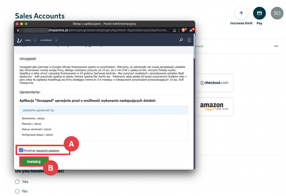 Panel Uncapped > Sales Accounts > Shoper > URL > Panel administracyjny sklepu > Instalacja