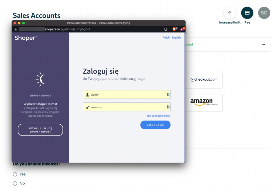Panel Uncapped > Sales Accounts > Shoper > URL > Formularz logowania