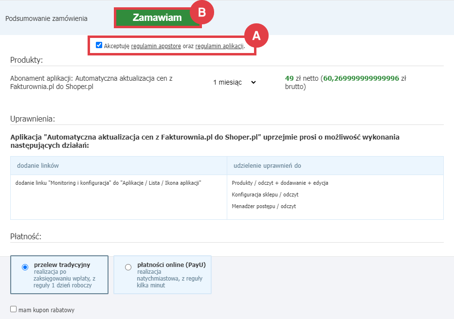 Panel administracyjny > Dodatki i integracje > Aplikacje > Automatyczna aktualizacja cen z Fakturownia.pl do Shoper.pl > Instalacja