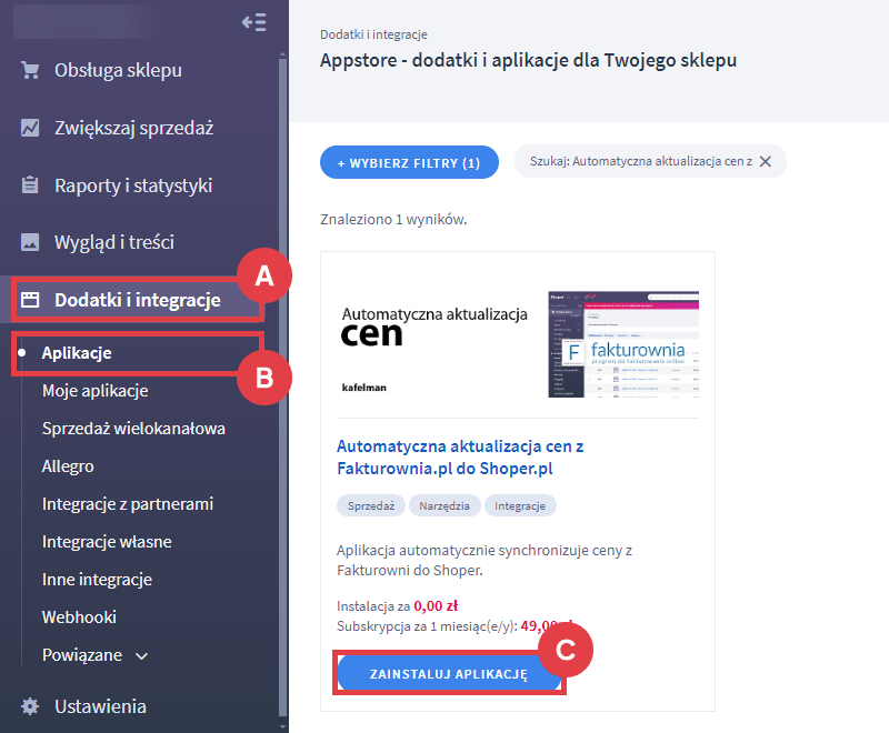 Panel administracyjny > Dodatki i integracje > Aplikacje > Automatyczna aktualizacja cen z Fakturownia.pl do Shoper.pl