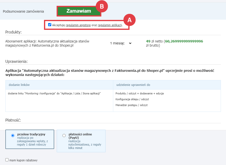 Panel administracyjny sklepu > Dodatki i integracje > Aplikacje > Automatyczna aktualizacja stanów magazynowych z Fakturownia.pl do Shoper.pl > Instalacja