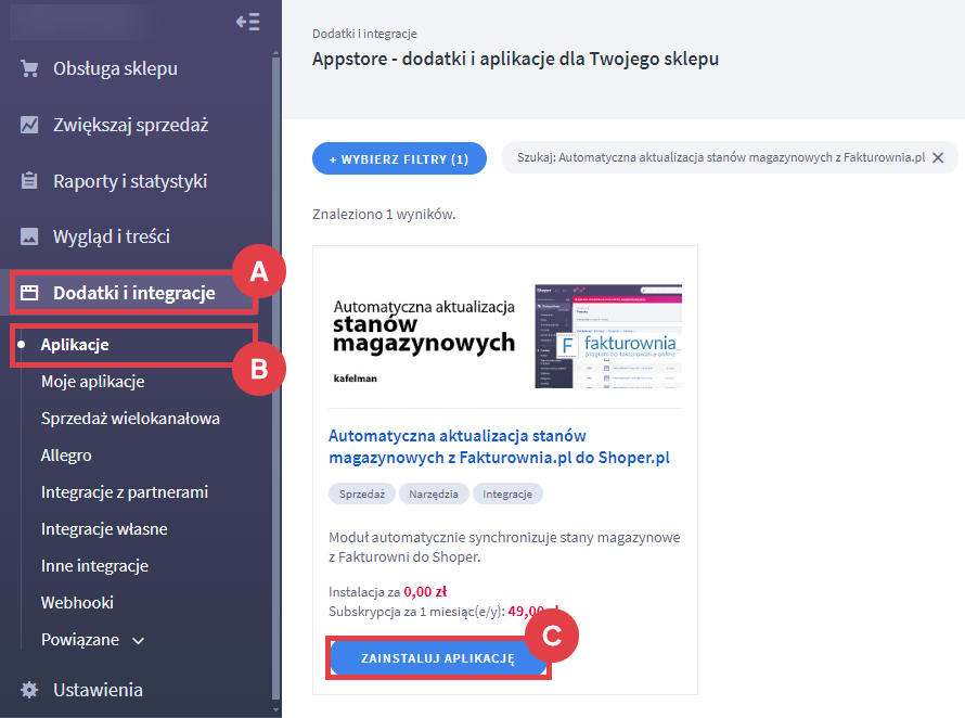 Panel administracyjny sklepu > Dodatki i integracje > Aplikacje > Automatyczna aktualizacja stanów magazynowych z Fakturownia.pl do Shoper.pl