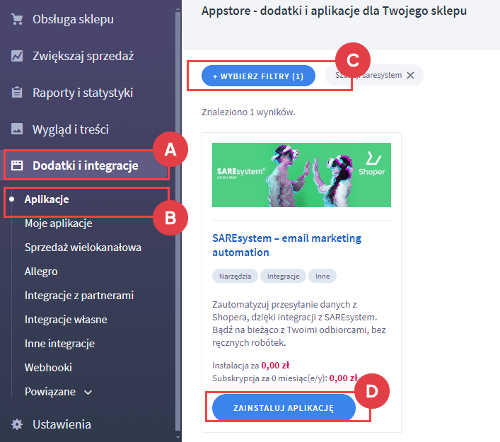 Wyszukaj aplikację do instalacji Panel administracyjny > Dodatki i integracje > Aplikacje