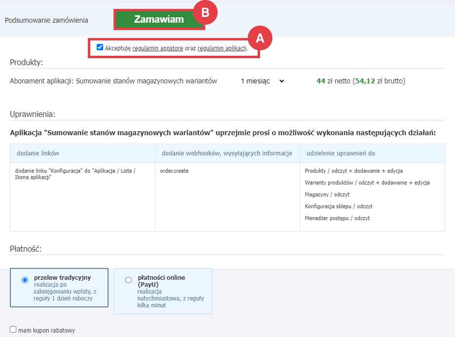 Panel administracyjny sklepu > Dodatki i integracje > Aplikacje > Sumowanie stanów magazynowych wariantów > Instalacja