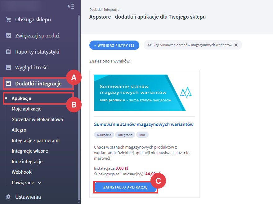 Panel administracyjny sklepu > Dodatki i integracje > Aplikacje > Sumowanie stanów magazynowych wariantów