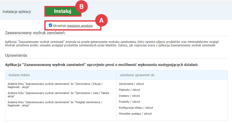 Panel administracyjny sklepu > Dodatki i integracje > Aplikacje > Zaawansowany wydruk zamówień > Instalacja