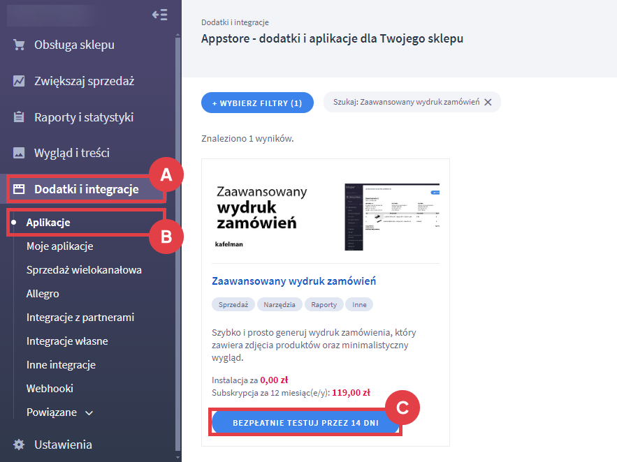 Panel administracyjny sklepu > Dodatki i integracje > Aplikacje > Zaawansowany wydruk zamówień