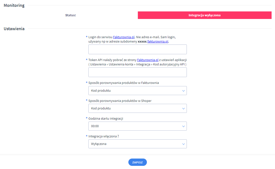 Panel administracyjny > Dodatki i integracje > Moje aplikacje > Automatyczna aktualizacja cen z Fakturownia.pl do Shoper.pl > Konfiguracja