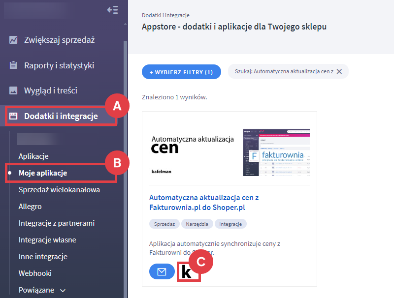 Panel administracyjny > Dodatki i integracje > Moje aplikacje > Automatyczna aktualizacja cen z Fakturownia.pl do Shoper.pl