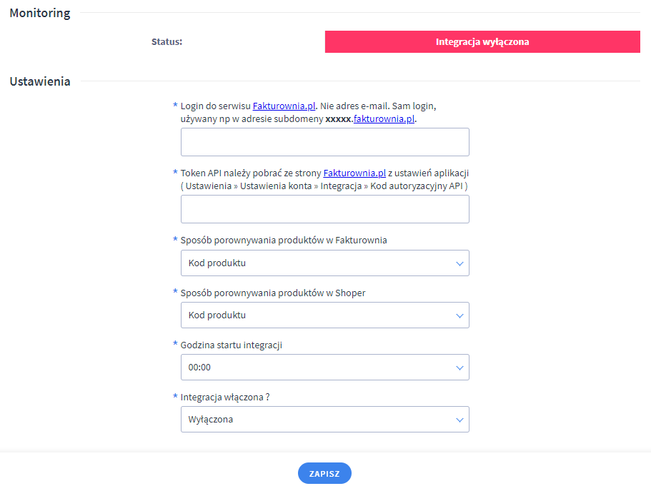 Panel administracyjny sklepu > Dodatki i integracje > Moje aplikacje > Automatyczna aktualizacja stanów magazynowych z Fakturownia.pl do Shoper.pl > Ustawienia