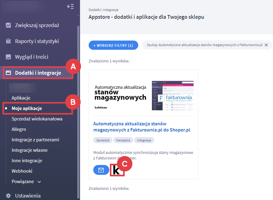 Panel administracyjny sklepu > Dodatki i integracje > Moje aplikacje > Automatyczna aktualizacja stanów magazynowych z Fakturownia.pl do Shoper.pl