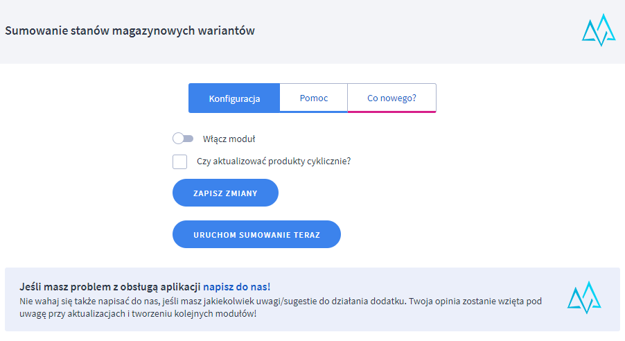 Panel administracyjny sklepu > Dodatki i integracje > Moje aplikacje > Sumowanie stanów magazynowych wariantów > Konfiguracja