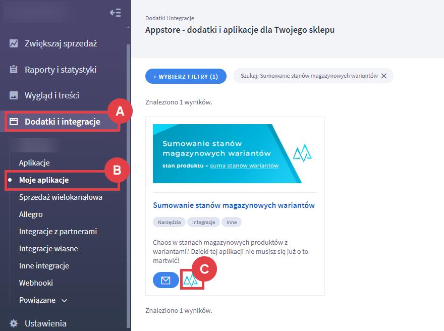 Panel administracyjny sklepu > Dodatki i integracje > Moje aplikacje > Sumowanie stanów magazynowych wariantów