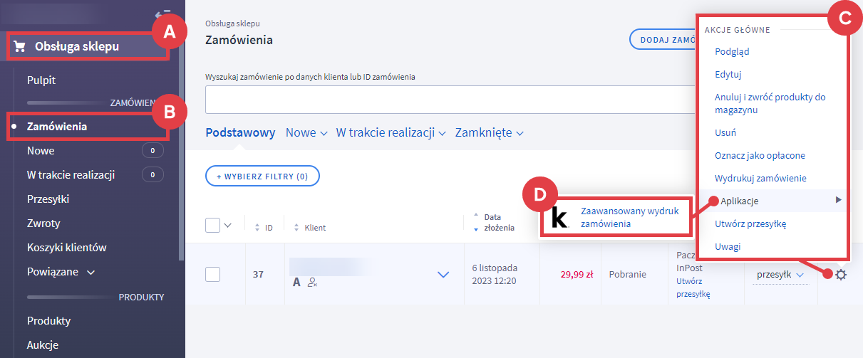 Panel administracyjny sklepu > Obsługa sklepu > Zamówienia > Akcje > Aplikacje > Zaawansowany wydruk zamówienia