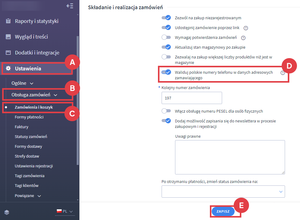 Panel administracyjny sklepu > Ustawienia > Obsługa zamówień > Zamówienia i koszyk > Numery telefonu w danych adresowych